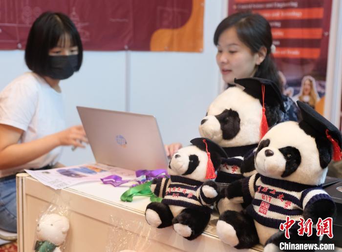 北京理工大學帶來可愛熊貓玩偶，頗為吸睛 陳悅 攝