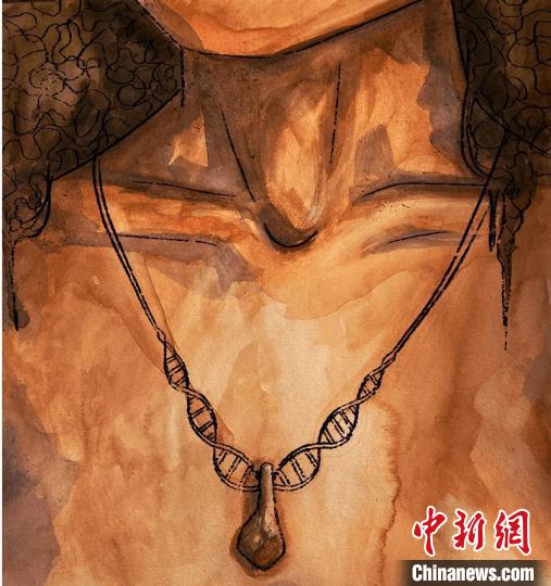 墜飾藝術(shù)再現(xiàn)圖，圖中吊墜繩為DNA螺旋樣式(圖片作者M(jìn)yrthe Lucas)。　施普林格·自然 供圖
