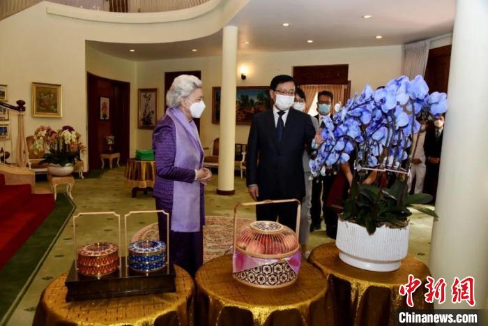 王文天大使介紹中國傳統(tǒng)工藝品及云南的蘭花和鮮果?！≈袊v柬埔寨大使館微信公眾號 攝