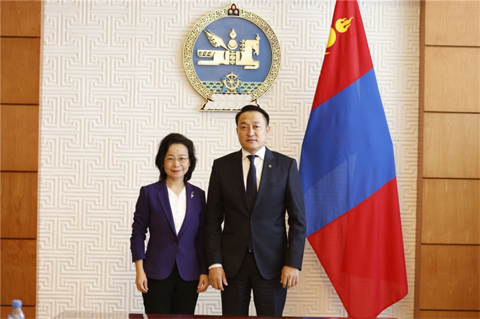 10月31日，中國駐蒙古國大使沈敏娟到任拜會(huì)蒙政府辦公廳主任兼蒙古人民黨總書記阿瑪爾巴伊斯格楞（右）。中國駐蒙古使館供圖