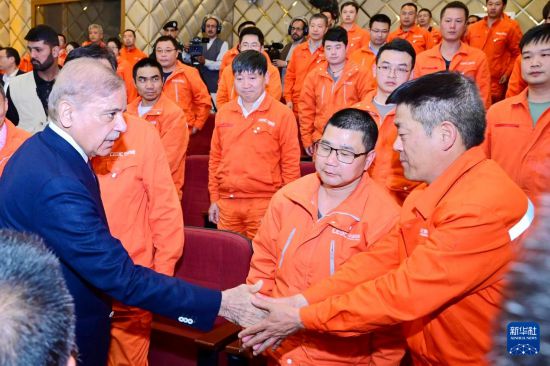 4月1日，在巴基斯坦西北部開(kāi)伯爾-普什圖省達(dá)蘇，巴基斯坦總理夏巴茲（左）同達(dá)蘇水電站項(xiàng)目中方員工握手。新華社發(fā)（巴基斯坦新聞與廣播部下轄媒體信息部門供圖）