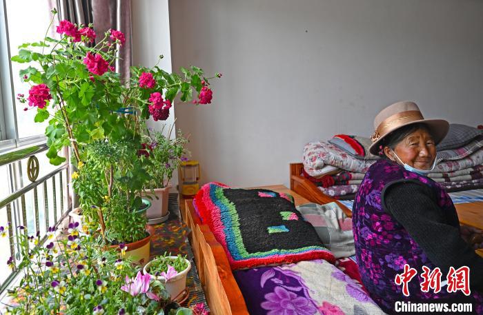 圖為曲松縣特困人員集中供養(yǎng)中心老人德吉卓嘎與她的花?！≮w朗 攝