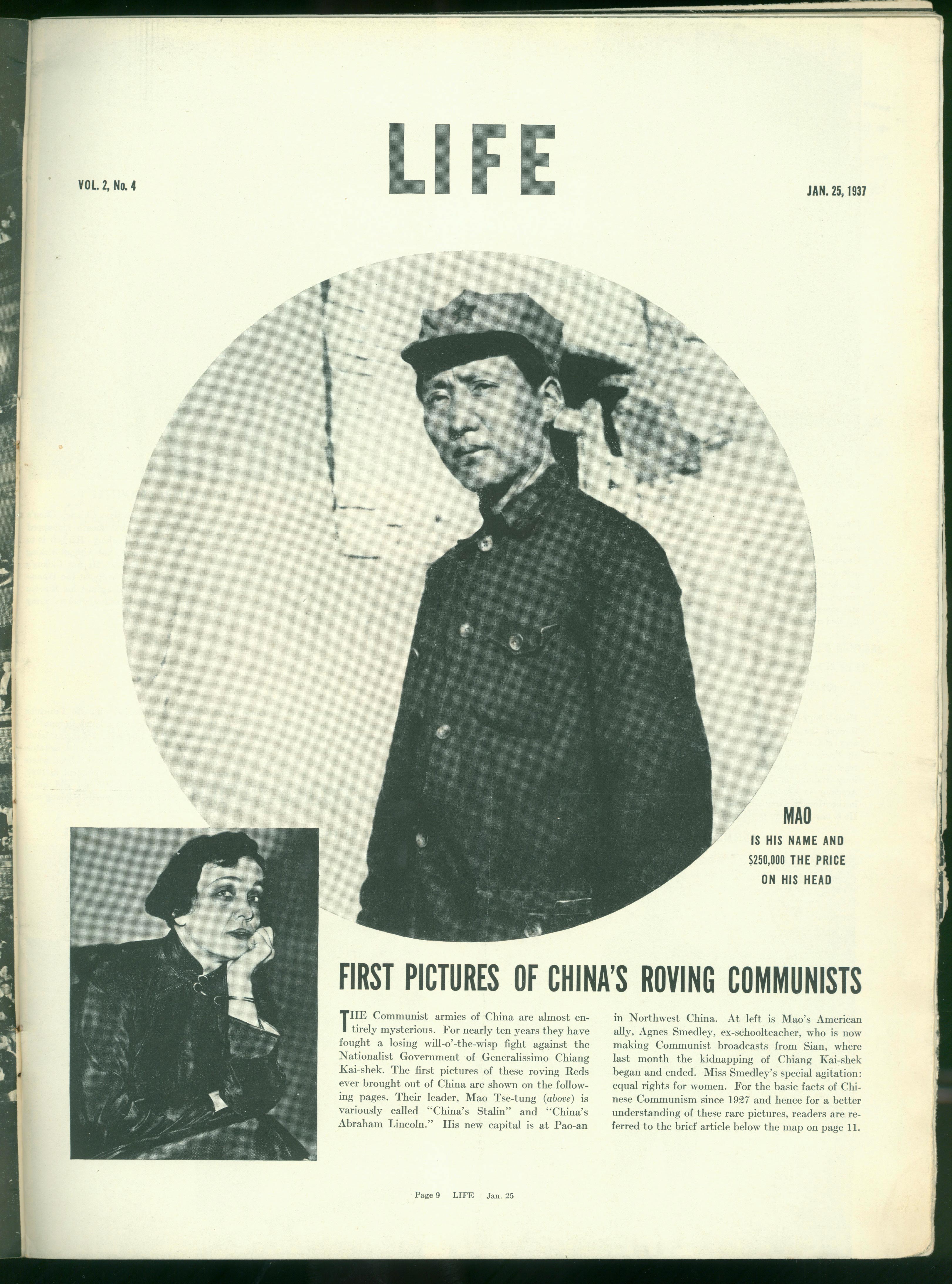 1937年1月25日，美國《生活》周刊刊登毛澤東照片，照片右下方寫著一行字：“毛，這是他的名字，他的人頭價值25萬元。”