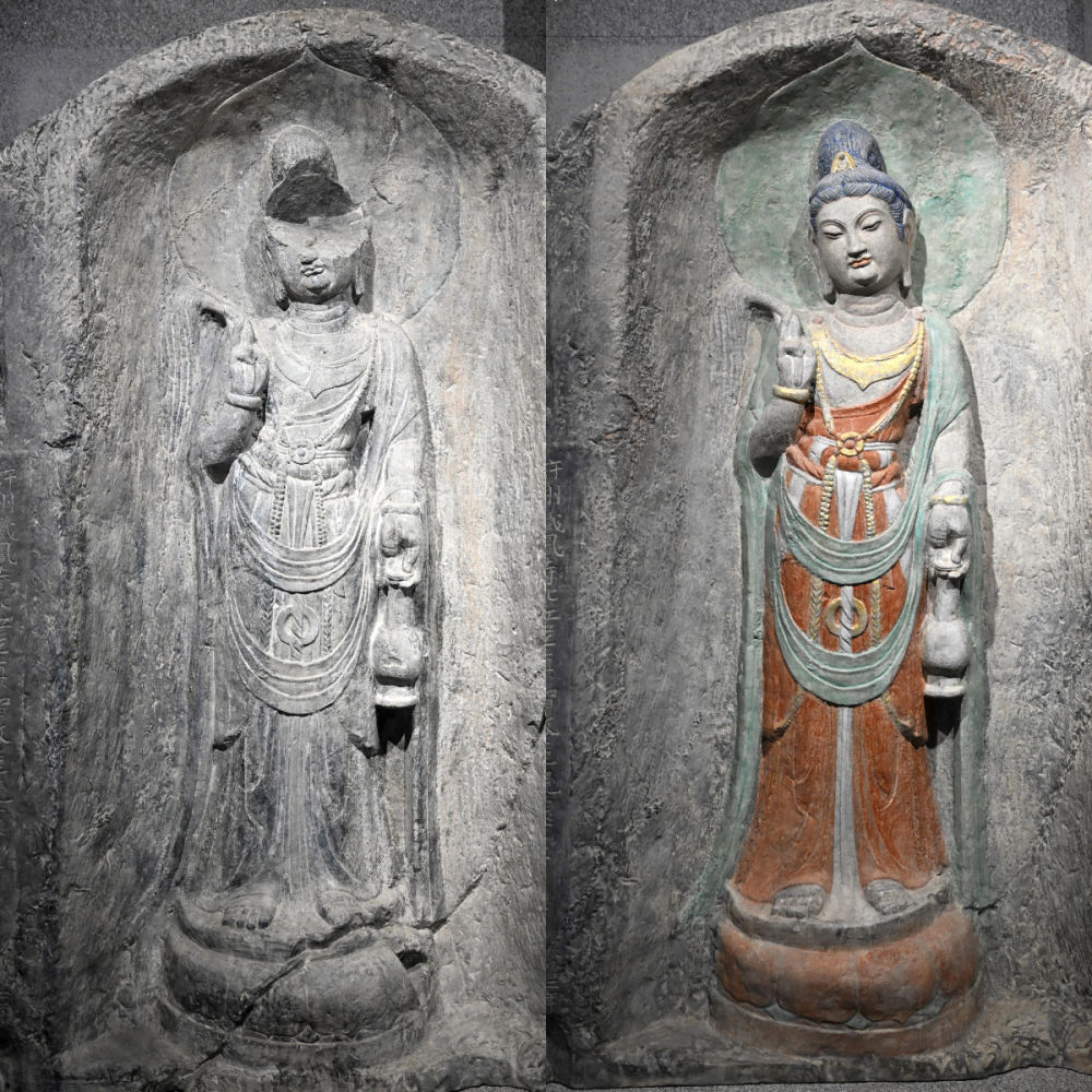 左圖為龍門石窟萬佛洞窟前南壁菩薩造像的3D打印模型；右圖為利用數(shù)字化技術(shù)復(fù)原后的3D打印模型（2025年4月10日攝，拼版照片）。復(fù)原后的像龕精妙絕倫，栩栩如生，被游客譽(yù)為“龍門最美菩薩”。圖片來源新華社