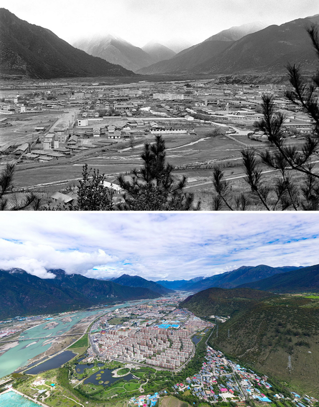 拼版照片：上圖是20世紀90年代的西藏林芝八一鎮(zhèn)；下圖是2021年7月20日拍攝的西藏林芝八一鎮(zhèn)風貌。