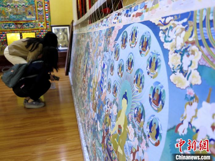 圖為民眾參觀半成品的唐卡?！?zhí)砀?攝