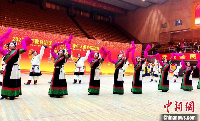 圖為西藏老年舞蹈隊(duì)齊跳傳統(tǒng)鍋莊舞?！∝暽＠?攝