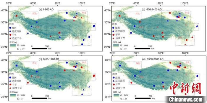 青藏高原過(guò)去兩千年降水/濕度變化的空間分布圖。