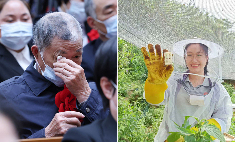 左圖為2021年2月25日，黃文秀的父親黃忠杰在全國脫貧攻堅表彰大會上；右圖為黃文秀生前工作照。